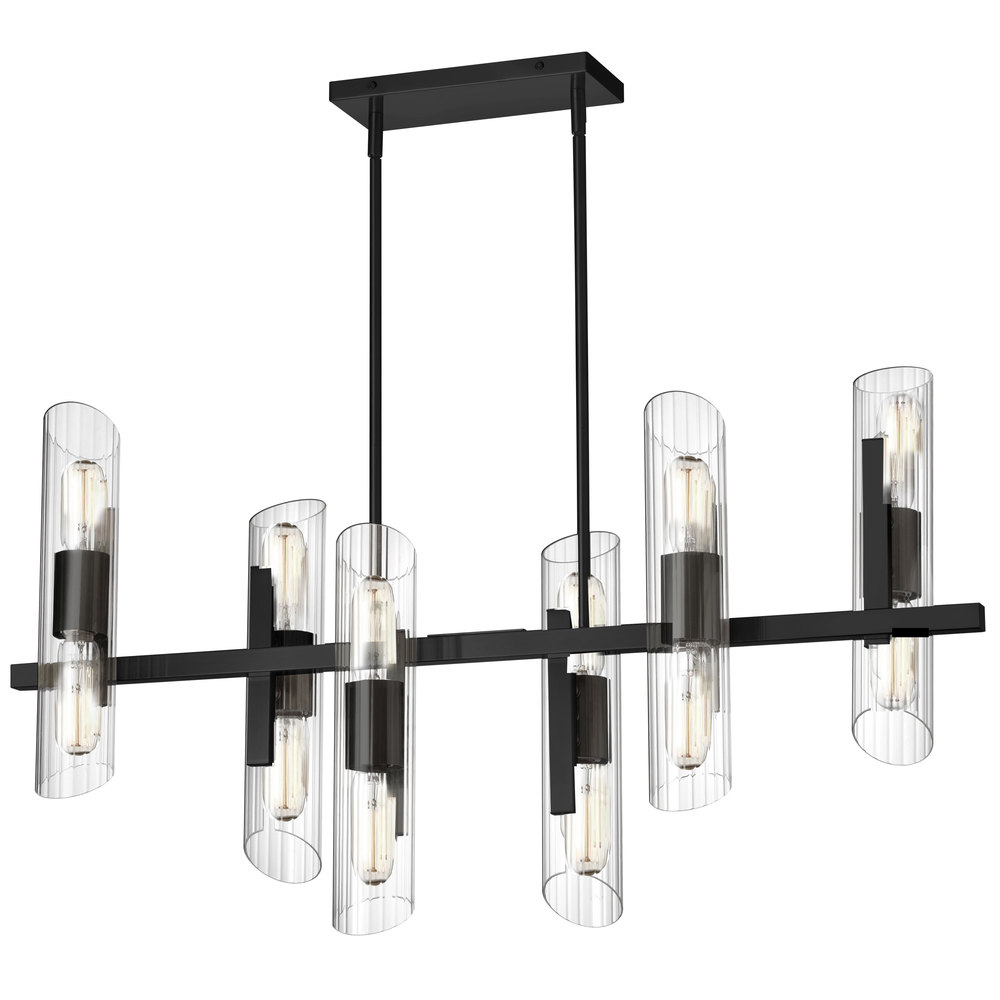 12 Light Horizontal Matte Black Chandelier w/ Clear Fluted Glass